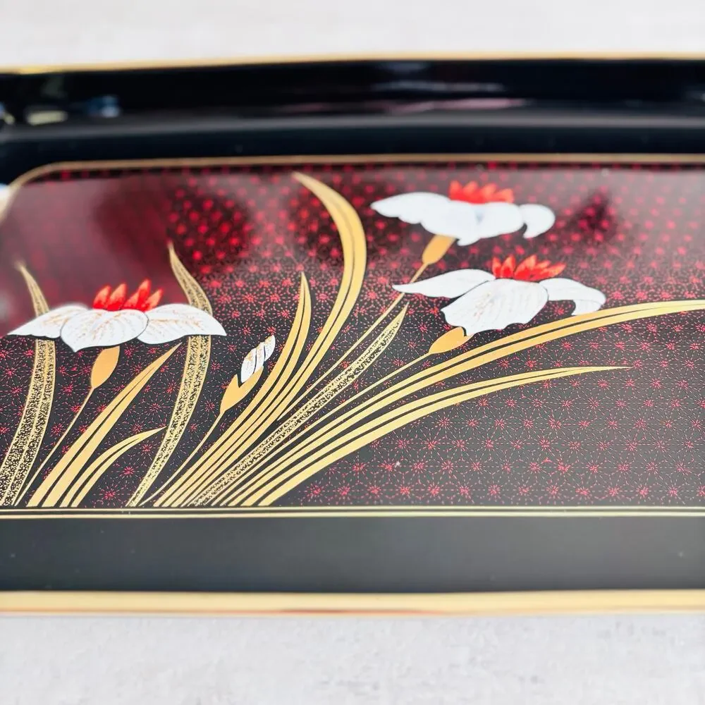 Otagiri Golden Mist Lacquer Service Tray Japan Black Gold Iris 18